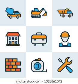 Industry icons colored line set with excavator, brickwork, toolbox and other roulette meter elements. Isolated vector illustration industry icons.