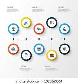 Industry icons colored line set with construction works, builder, trowel and other stairs elements. Isolated vector illustration industry icons.