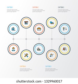 Industry icons colored line set with concrete mixer, tower crane, stepladder and other roulette meter elements. Isolated vector illustration industry icons.