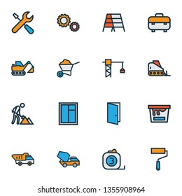 Industry icons colored line set with tipper, excavator, tape measure and other pail elements. Isolated vector illustration industry icons.