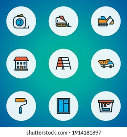 Industry icons colored line set with excavator, tipper, paint bucket and other backhoe elements. Isolated vector illustration industry icons.