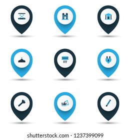 Industry icons colored set with digger vehicle, pencil, plumbing and other excavator elements. Isolated vector illustration industry icons.