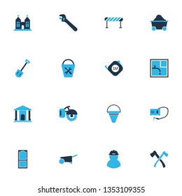 Industry icons colored set with drawing, chapel, trolley and other wheelbarrow elements. Isolated vector illustration industry icons.