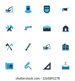 Industry icons colored set with drilling machine, case, welder and other welder mask elements. Isolated vector illustration industry icons.