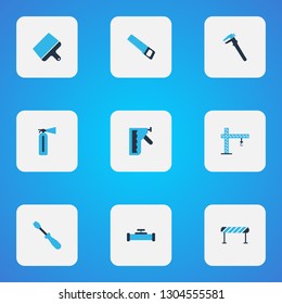 Industry icons colored set with fire extinguisher, barrage, construction stapler and other sewerage elements. Isolated vector illustration industry icons.