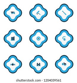 Industry icons colored set with milling cutter, chapel, chuck and other sawing elements. Isolated vector illustration industry icons.