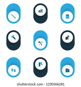 Industry icons colored set with observatory, hammer, sack with earth and other skyscraper elements. Isolated vector illustration industry icons.