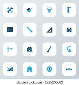Industry icons colored set with pipeline with crane, milling cutter, conversation level and other lifting tower elements. Isolated vector illustration industry icons.
