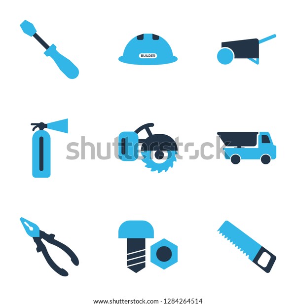 Industry icons colored set with pliers, saw,\
milling machine and other wheelbarrow elements. Isolated vector\
illustration industry\
icons.