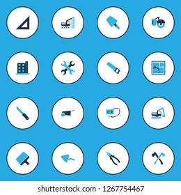 Industry icons colored set with putty knife, axe, digger vehicle and other sharp elements. Isolated vector illustration industry icons.