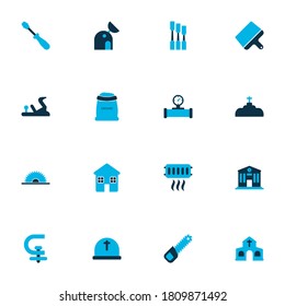 Industry icons colored set with sawmill, pipe with sensor, turn-screw and other radiator elements. Isolated vector illustration industry icons.