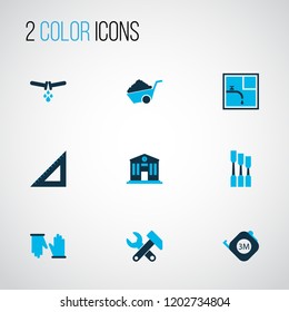 Industry icons colored set with straightedge, drawing, flowing pipe and other tool elements. Isolated vector illustration industry icons.