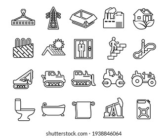 industry icons; energy, construction, production, manufacturing Set vector line icons with open path elements for mobile concepts and web apps. Collection modern infographic logo and pictogram