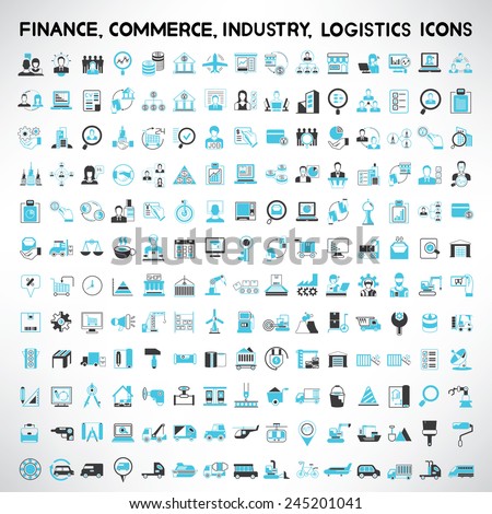 industry icons, finance icons, commerce icons, logistics and shipping icons set