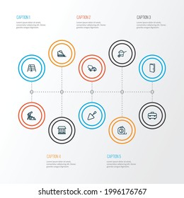 Industry icons line style set with carry cart, tractor, entrance and other concrete mixer elements. Isolated vector illustration industry icons.