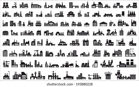 industry icons over white background. vector illustration.Vector industrial buildings and factories