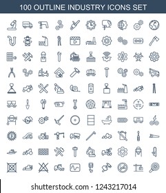 industry icons. Set of 100 outline industry icons included gear, construction crane, no smoking, hummer on white background. Editable industry icons for web, mobile and infographics.