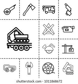 Industry icons. set of 13 editable outline industry icons such as truck with hook, nail gun, electric saw, camera tape, axe, cargo crane, camera, construction  crane
