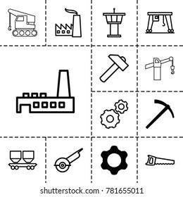 Industry icons. set of 13 editable outline industry icons such as gear, hammer, airport tower, hummer, electric saw, saw, cargo wagon, cargo crane, factory, construction crane