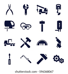 industry icons set. Set of 16 industry filled icons such as barn, wrench, screwdriver, hummer, truck with hook, pliers, nail gun, welding glasses, electric saw, blowtorch