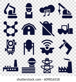 Industry icons set. set of 16 industry filled icons such as tank, forklift, barn, level equipment, airport tower, worker, excavator, crane, nail gun, pylon, music cloud