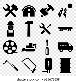 Industry icons set. set of 16 industry filled icons such as barn, worker, screwdriver, excavator, hacksaw, blowtorch, hummer, wrench and screwdriver, barrel, cargo wagon