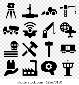 Industry icons set. set of 16 industry filled icons such as airport tower, construction crane, excavator, concrete mixer, theodolite, garden hammer, water pipe