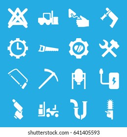 Industry icons set. set of 16 industry filled icons such as tank, forklift, no bleaching, pipe, hacksaw, nail gun, trowel, chainsaw, saw, heart in gear, clock in gear, hammer