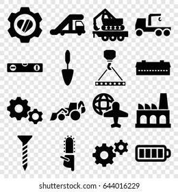 Industry icons set. set of 16 industry filled icons such as barn, truck crane, screw, gear, level ruler, excavator, truck with hook, hook with cargo, chainsaw, trowel