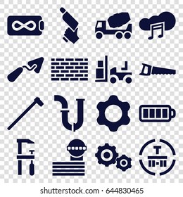 Industry icons set. set of 16 industry filled icons such as airport tower, trowel, concrete mixer, pipe, nail gun, chainsaw, forklift, garden hammer, saw, cargo terminal