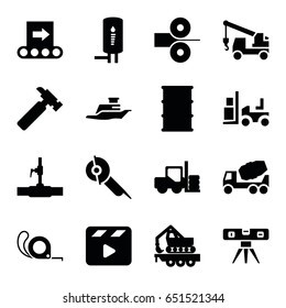 Industry icons set. set of 16 industry filled icons such as forklift, hummer, concrete mixer, truck with hook, electric saw, tape, level ruler, barrel, water pipe, cargo crane