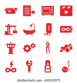 Industry icons set. set of 16 industry filled icons such as construction crane, airport tower, needle button, shower, gear, wrench, excavator, pliers, movie clapper, camera