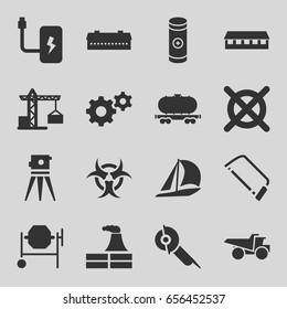 Industry icons set. set of 16 industry filled icons such as barn, construction crane, factory, no dry cleaning, gear, concrete mixer, theodolite, hacksaw, electric saw, truck