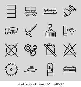 Industry icons set. set of 16 industry outline icons such as jetway, barn, no bleaching, no dry cleaning, blade saw, concrete mixer, hummer, barrel, cargo wagon, cargo on hook