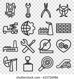 Industry icons set. set of 16 industry outline icons such as truck crane, level equipment, factory, wrench, circular saw, crane, hook with cargo, pliers