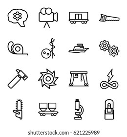 Industry icons set. set of 16 industry outline icons such as needle button, hummer, tape, chainsaw, saw, cargo wagon, cargo crane, camera, office supply, ship, gear