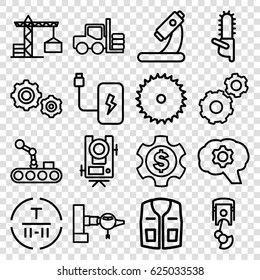 Industry icons set. set of 16 industry outline icons such as forklift, jetway, construction crane, level equipment, sleeveless shirt, gear, blade saw, chainsaw, microscope