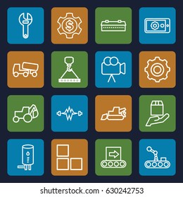 Industry icons set. set of 16 industry outline icons such as barn, brick wall, wrench, excavator, concrete mixer, hook with cargo, cargo protection, camera, gear on display