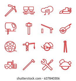 Industry icons set. set of 16 industry outline icons such as barrier, forklift, construction crane, saw blade, excavator, pliers, electric saw, wrench and screwdriver