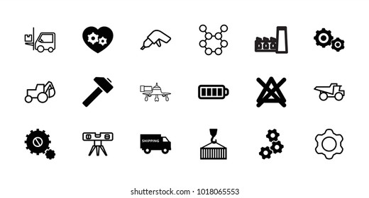 Industry icons. set of 18 editable filled and outline industry icons: no bleaching, gear, cargo on hook, gear heart, shipping truck, baterry, gear    sign symb, drill