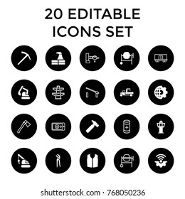 Industry icons. set of 20 editable filled and outline industry icons such as factory, sleeveless shirt, hummer, concrete mixer, excavator, crane, pliers, clobe gear
