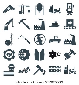 Industry icons. set of 25 editable filled industry icons such as tank, airport tower, hammer, needle button, sleeveless shirt, factory, blowtorch, hummer, forklift