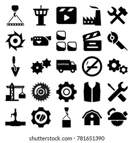 Industry icons. set of 25 editable filled industry icons such as barn, construction crane, airport tower, sleeveless shirt, saw blade, hook with cargo, electric saw