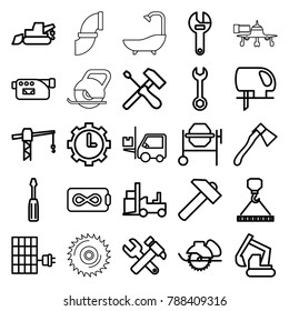Industry icons. set of 25 editable outline industry icons such as wrench, construction crane, screwdriver, hummer, hummer and wrench, concrete mixer, excavator