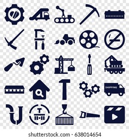 Industry icons set. set of 25 industry filled icons such as barn, truck crane, construction crane, gear, trowel, screwdriver, pipe, excavator, chainsaw, saw, heart in gear