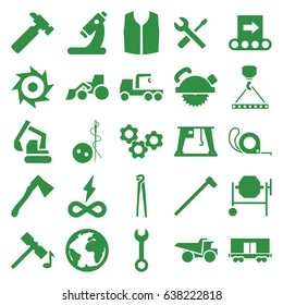 Industry icons set. set of 25 industry filled icons such as hammer, needle button, sleeveless shirt, wrench, hummer, saw blade, concrete mixer, excavator, truck with hook