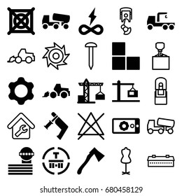 Industry icons set. set of 25 industry filled and outline icons such as construction crane, brick wall, airport tower, no dry cleaning, excavator, truck with hook