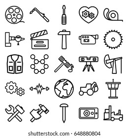 Industry icons set. set of 25 industry outline icons such as jetway, airport tower, hammer, sleeveless shirt, blade saw, nail, screwdriver, excavator, tape, blowtorch, hummer