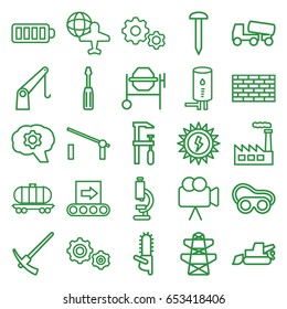 Industry icons set. set of 25 industry outline icons such as barrier, nail, screwdriver, concrete mixer, excavator, welding glasses, chainsaw, pylon, globe and plane