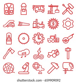 Industry icons set. set of 25 industry outline icons such as forklift, truck crane, construction crane, sleeveless shirt, blade saw, worker, hummer, excavator, truck with hook